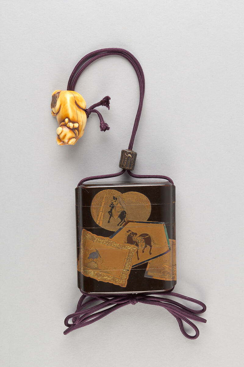 Inrō with Ema (Shinto Shrine Votive Plaque) of Eight Fan Shapes and Framed Pictures, Four cases; lacquered wood with gold and silver togidashimaki-e, hiramaki-e, black lacquer, cut-out gold foil application on black groundNetsuke: puppy; ivoryOjime: metal with plum blossoms in gold inlay, Japan