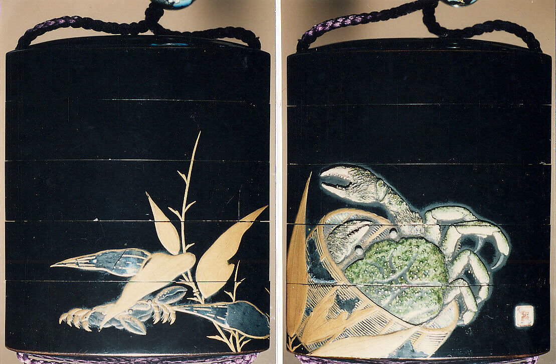 Case (Inrō) with Design of Crab in Basket (obverse); Crab in Bamboo Leaves (reverse), Lacquer, roiro, gold hiramakie, ceramic, pewter and aogai inlay; Interior: red lacquer, roiro, nashiji and fundame, Japan 