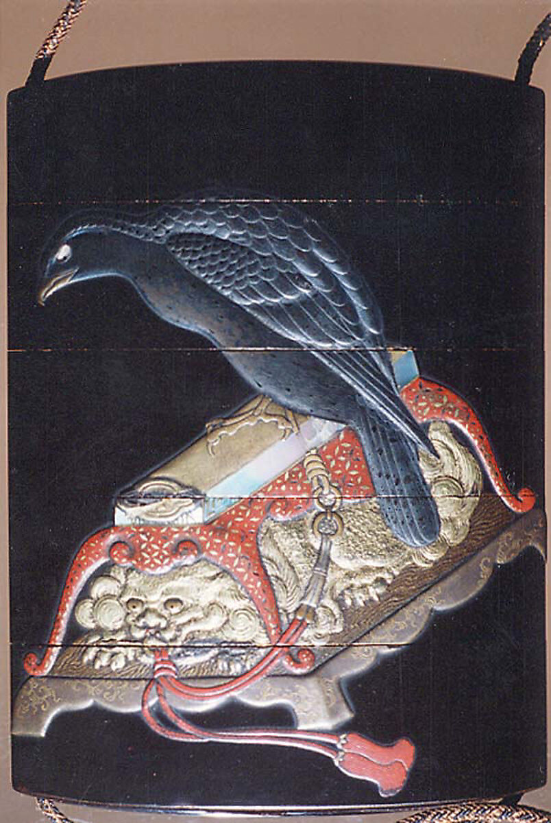 Case (Inrō) with Design of Hawk on Tasseled Perch, Lacquer, roiro, gold and coloured hiramakie, takamakie, raden inlay; Interior: fundame, Japan