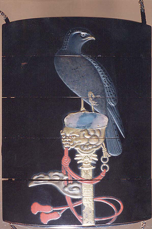 Case (Inrō) with Design of Hawk on Tasseled Perch, Lacquer, roiro, gold and coloured hiramakie, takamakie, raden inlay; Interior: fundame, Japan