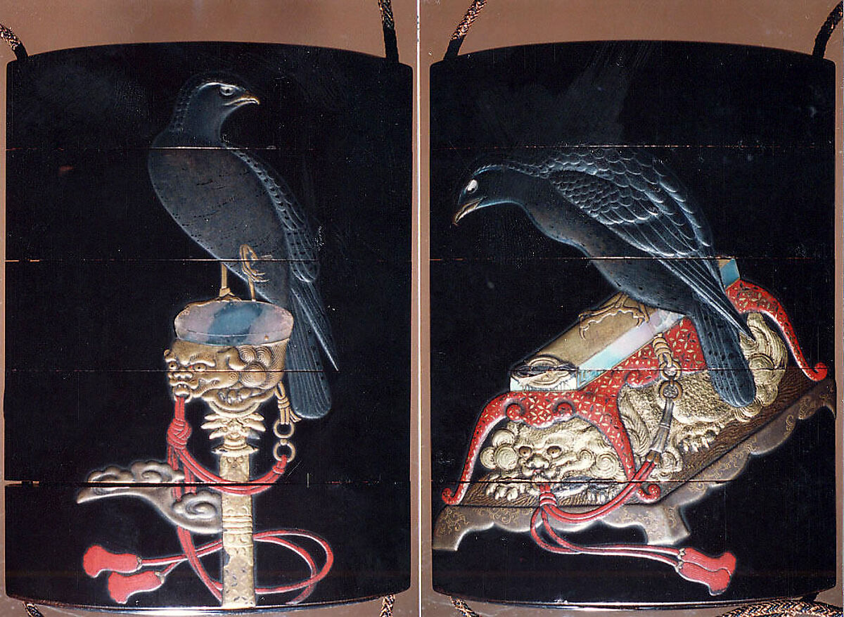 Case (Inrō) with Design of Hawk on Tasseled Perch, Lacquer, roiro, gold and coloured hiramakie, takamakie, raden inlay; Interior: fundame, Japan 