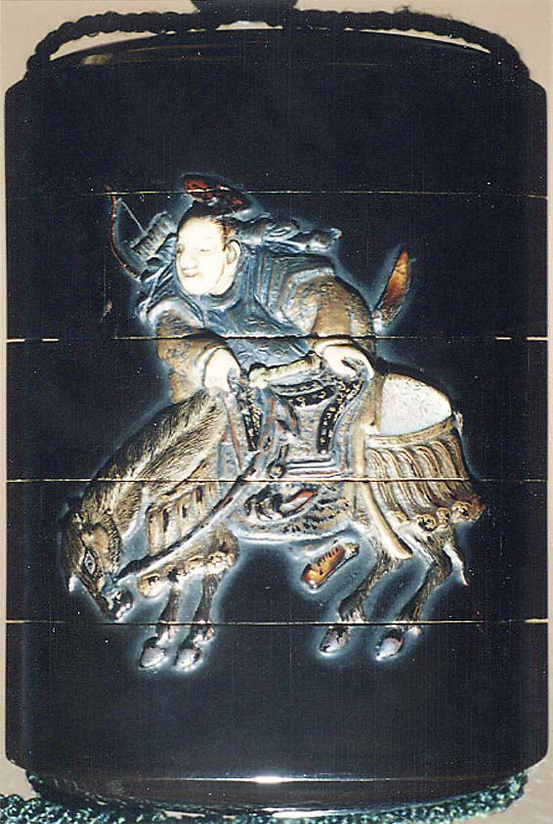Case (Inrō) with Design of Hunter Dismounting Horse (obverse);  Two Spotted Deer (reverse), Lacquer, roiro, coloured ceramic and metal inlay; Interior: gyobu nashiji and fundame, Japan