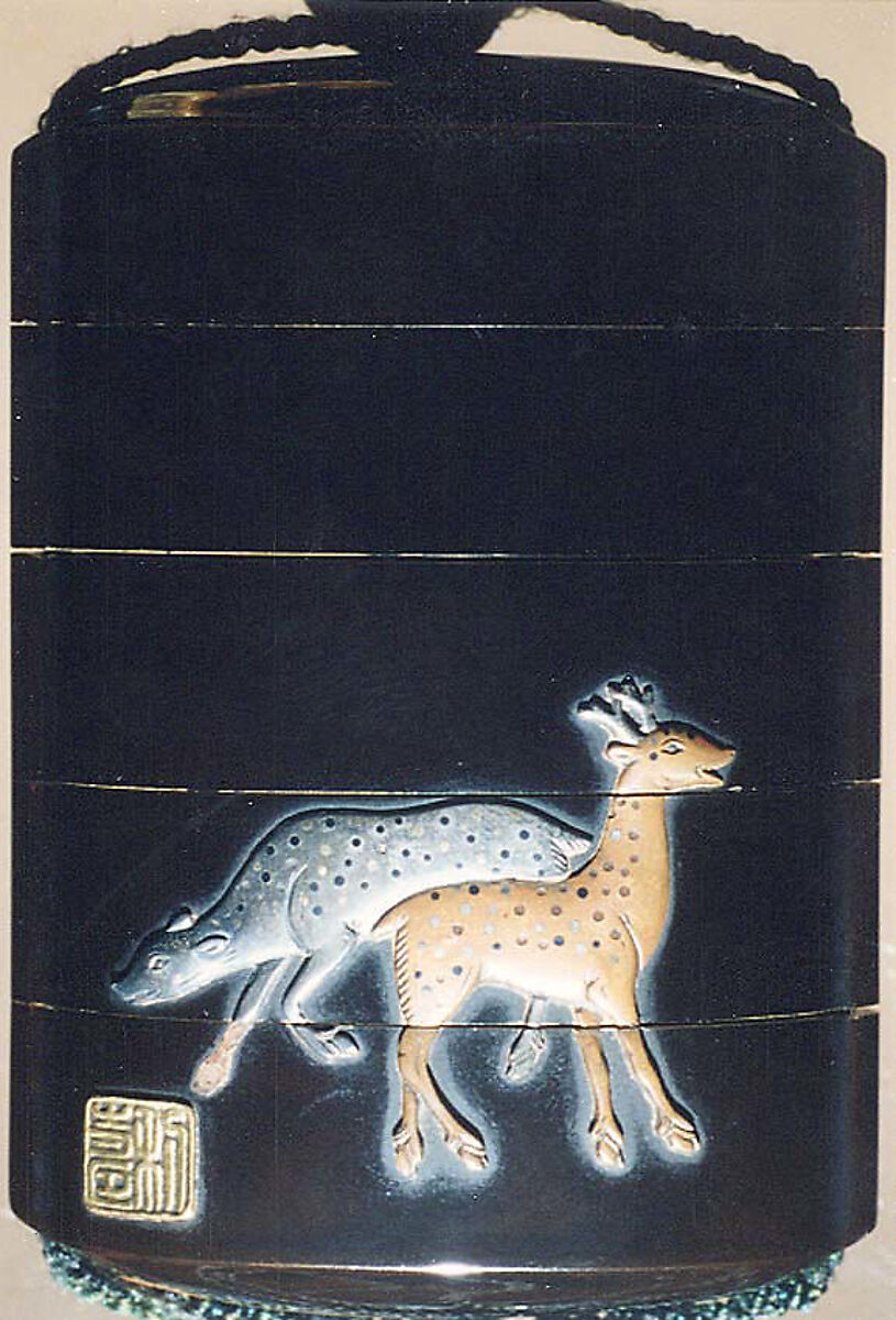 Case (Inrō) with Design of Hunter Dismounting Horse (obverse);  Two Spotted Deer (reverse), Lacquer, roiro, coloured ceramic and metal inlay; Interior: gyobu nashiji and fundame, Japan