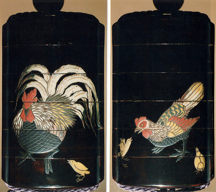 Inrō with Rooster, Hen, and Chicks, Black lacquer ground with white, green, yellow, and red lacquerNetsuke: dancer; carved woodOjime: yellow and red glass bead, Japan 