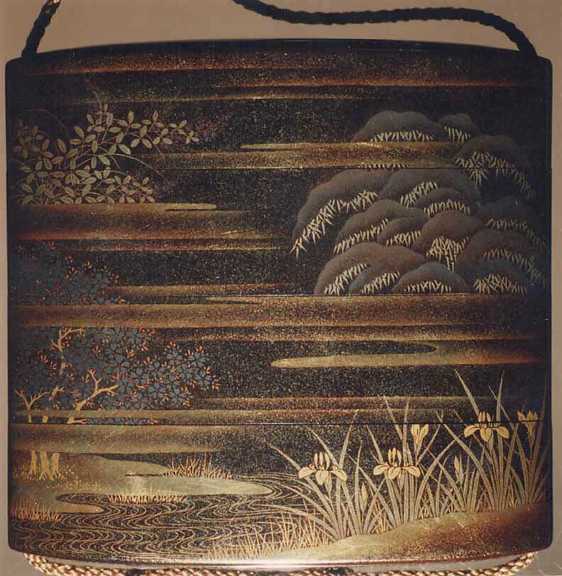 Case (Inrō) with Design of Young Man Lu's Dream (obverse); Cherry Tree and Irises Beside Water (reverse), Lacquer, roiro, nashiji, gold silver and coloured hiramakie, foil; Interior: gyobu nashiji and fundame, Japan