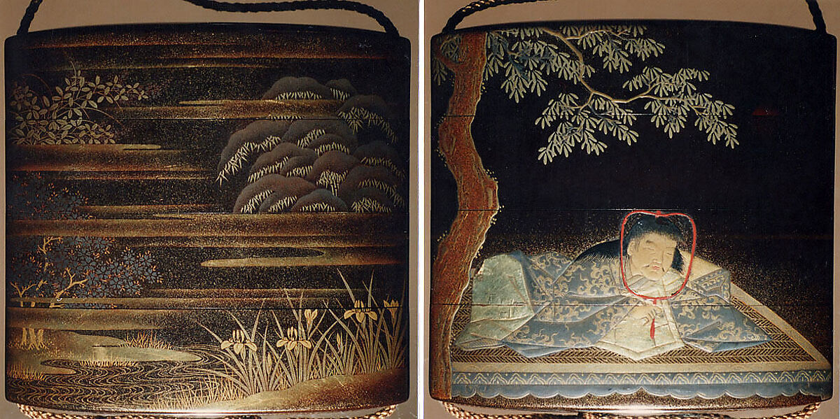 Case (Inrō) with Design of Young Man Lu's Dream (obverse); Cherry Tree and Irises Beside Water (reverse), Lacquer, roiro, nashiji, gold silver and coloured hiramakie, foil; Interior: gyobu nashiji and fundame, Japan 
