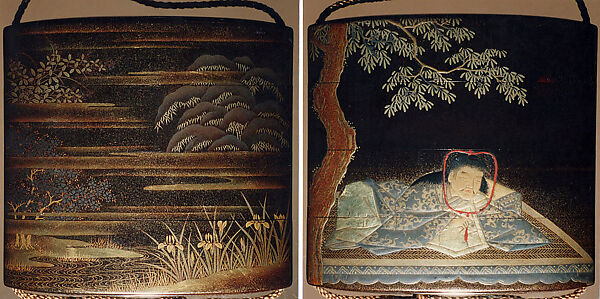 Case (Inrō) with Design of Young Man Lu's Dream (obverse); Cherry Tree and Irises Beside Water (reverse)