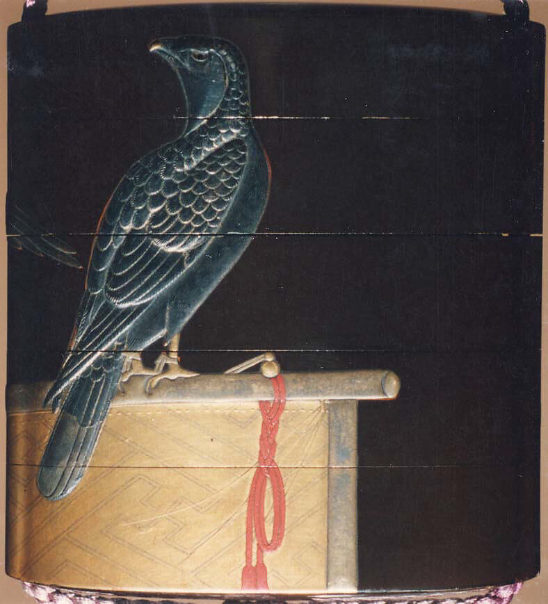 Inrō with Hawks on Perches, Koma Kōryū (Japanese, died 1796), Black lacquer ground with gold and silver togidashi, takamaki-e and hiramaki-e, red lacquer, and applied gold and silver foilNetsuke: gourd; guri lacquer, silver ring and stopper in chrysanthemum shapeOjime: butterfly and flower; cloisonné bead, Japan