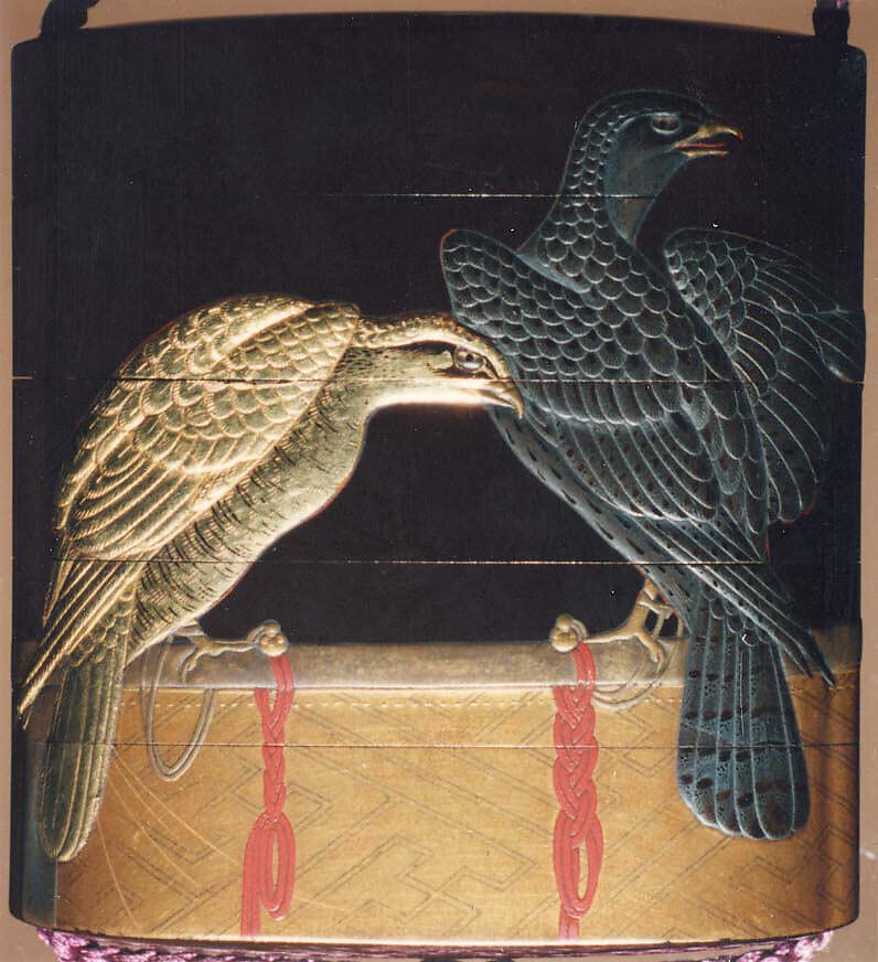 Inrō with Hawks on Perches, Koma Kōryū (Japanese, died 1796), Black lacquer ground with gold and silver togidashi, takamaki-e and hiramaki-e, red lacquer, and applied gold and silver foilNetsuke: gourd; guri lacquer, silver ring and stopper in chrysanthemum shapeOjime: butterfly and flower; cloisonné bead, Japan