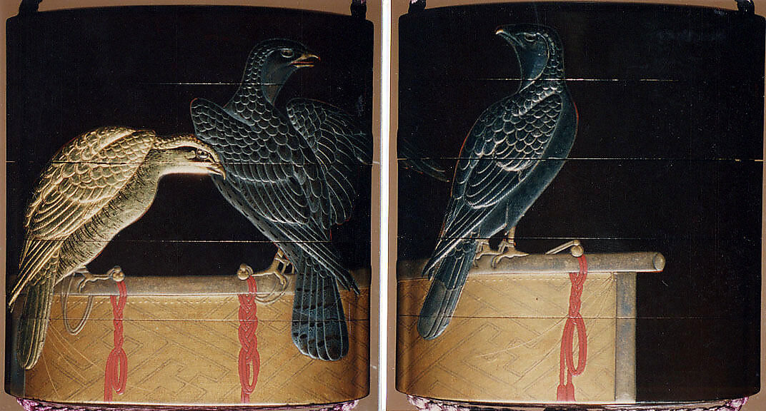 Inrō with Hawks on Perches, Koma Kōryū (Japanese, died 1796), Black lacquer ground with gold and silver togidashi, takamaki-e and hiramaki-e, red lacquer, and applied gold and silver foilNetsuke: gourd; guri lacquer, silver ring and stopper in chrysanthemum shapeOjime: butterfly and flower; cloisonné bead, Japan 
