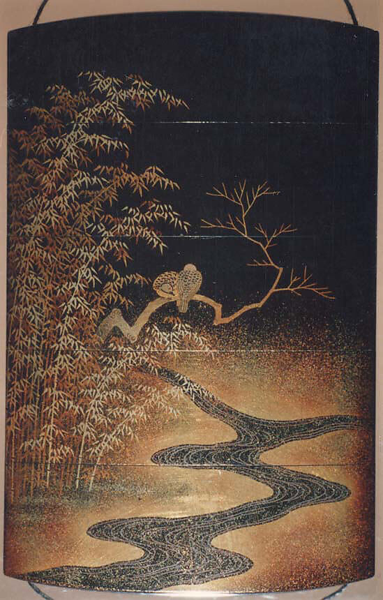 Case (Inrō) with Design of Pheasant on Path (obverse); Two Birds on Tree over Winding River (reverse), Lacquer, roiro, nashiji, gold and coloured togidashi; Interior: fundame, Japan