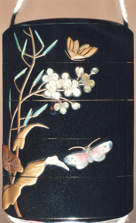 Case (Inrō) with Design of Moth and Butterflies beside Flowering Mustard Plant, Lacquer, roiro, gold takamakie, ceramic, raden inlay; Interior: nashiji and fundame, Japan
