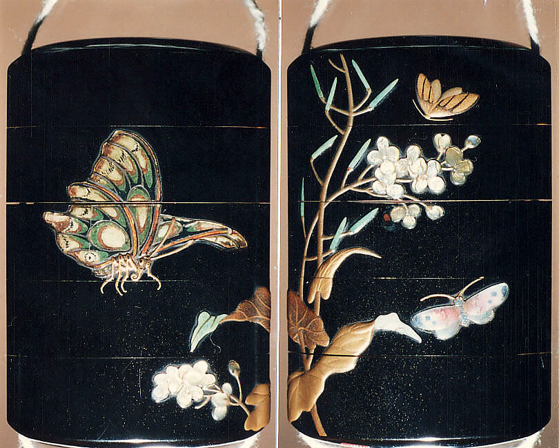 Case (Inrō) with Design of Moth and Butterflies beside Flowering Mustard Plant, Lacquer, roiro, gold takamakie, ceramic, raden inlay; Interior: nashiji and fundame, Japan 