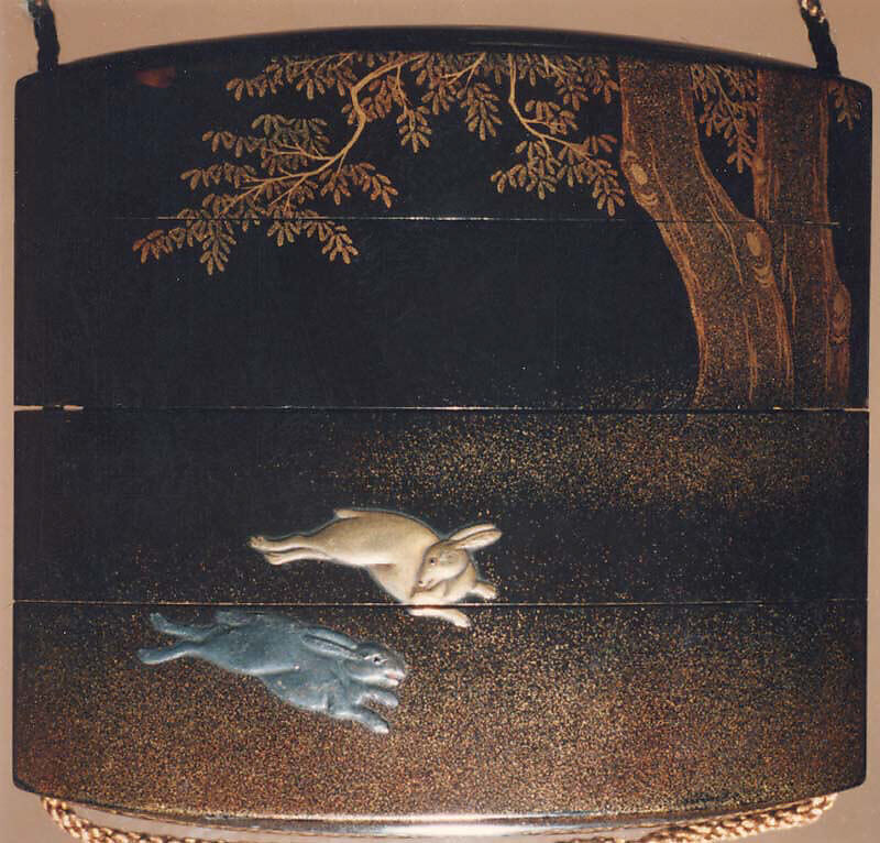 Case (Inrō) with Design of Mounted Hunter Shooting at Hares, Lacquer, roiro, nashiji, gold, silver and red hiramakie, togidashi, raden; Interior: red lacquer and fundame, Japan