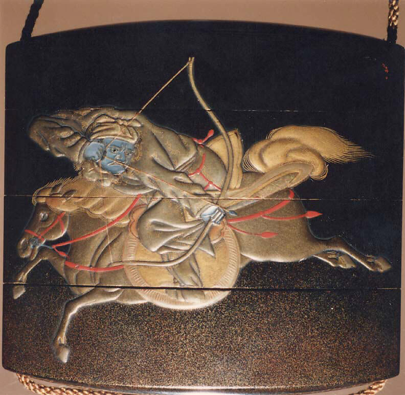 Case (Inrō) with Design of Mounted Hunter Shooting at Hares, Lacquer, roiro, nashiji, gold, silver and red hiramakie, togidashi, raden; Interior: red lacquer and fundame, Japan