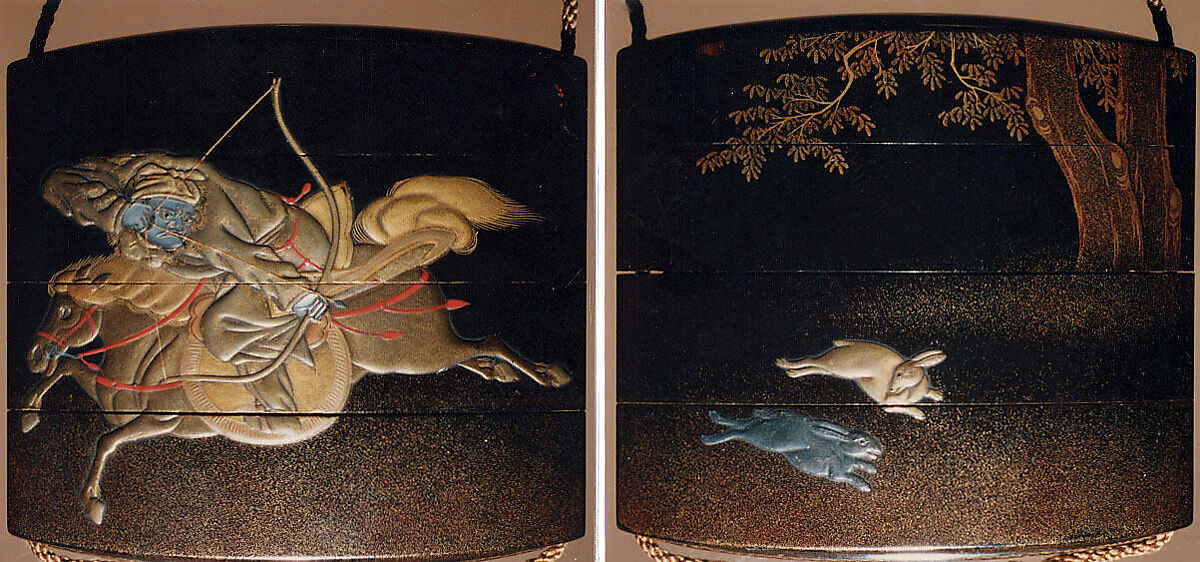 Case (Inrō) with Design of Mounted Hunter Shooting at Hares, Lacquer, roiro, nashiji, gold, silver and red hiramakie, togidashi, raden; Interior: red lacquer and fundame, Japan 