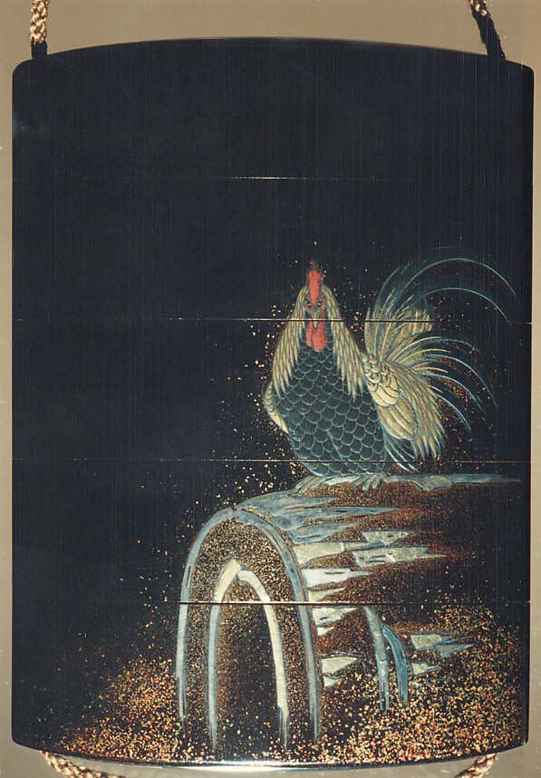 Case (Inrō) with Design of Rooster on Large Drum (obverse); Hen and Chicks (reverse), Lacquer, roiro, gold and coloured hiramakie, nashiji, gold foil, aogai inlay; Interior: nashiji and fundame, Japan