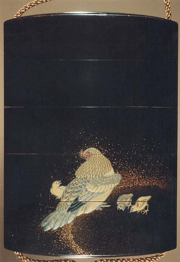 Case (Inrō) with Design of Rooster on Large Drum (obverse); Hen and Chicks (reverse), Lacquer, roiro, gold and coloured hiramakie, nashiji, gold foil, aogai inlay; Interior: nashiji and fundame, Japan