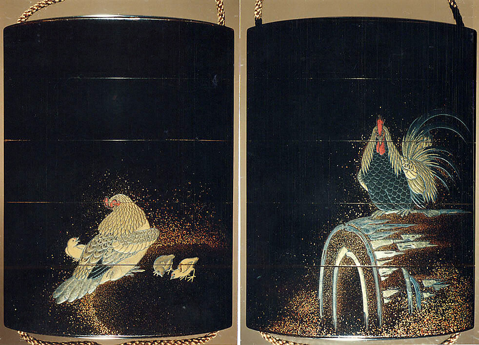 Case (Inrō) with Design of Rooster on Large Drum (obverse); Hen and Chicks (reverse), Lacquer, roiro, gold and coloured hiramakie, nashiji, gold foil, aogai inlay; Interior: nashiji and fundame, Japan 