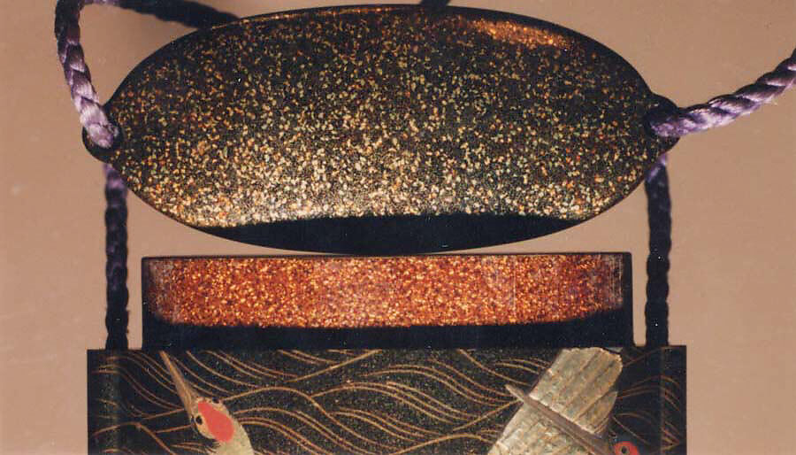 Case (Inrō) with Design of Cranes in Flight over Waves, Lacquer, roiro, togidashi, gold, silver, black and red hiramakie, gold foil; Interior: nashiji and fundame, Japan