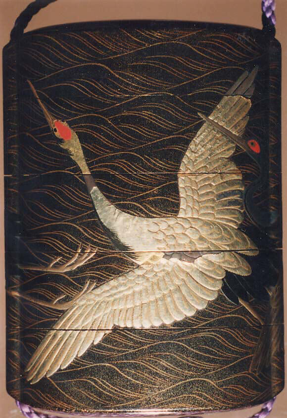 Case (Inrō) with Design of Cranes in Flight over Waves, Lacquer, roiro, togidashi, gold, silver, black and red hiramakie, gold foil; Interior: nashiji and fundame, Japan