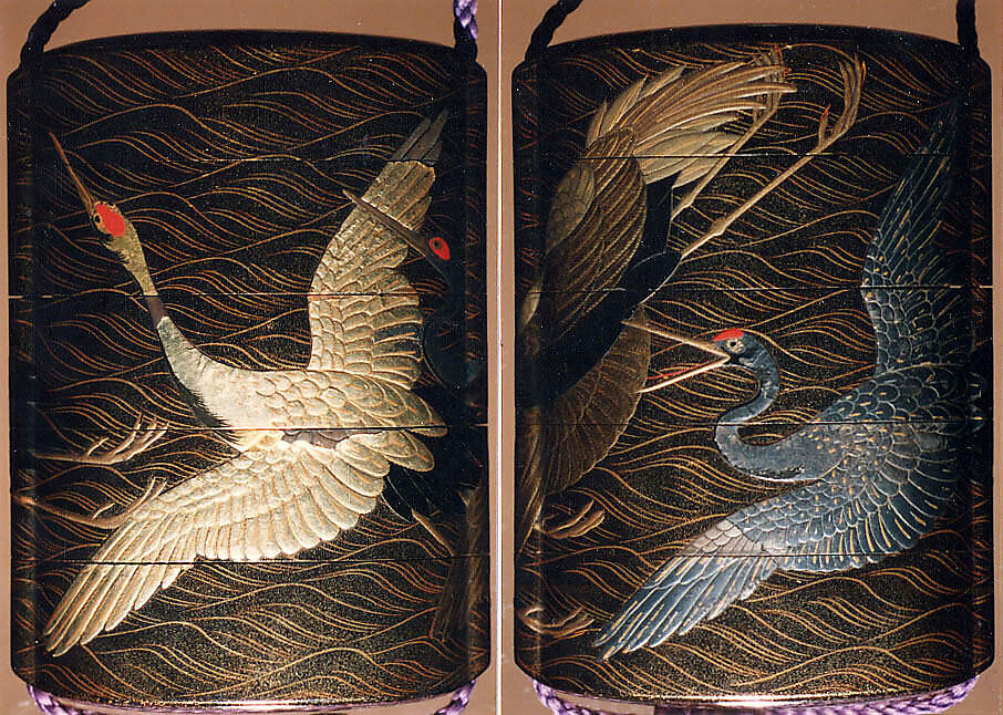Case (Inrō) with Design of Cranes in Flight over Waves, Lacquer, roiro, togidashi, gold, silver, black and red hiramakie, gold foil; Interior: nashiji and fundame, Japan 