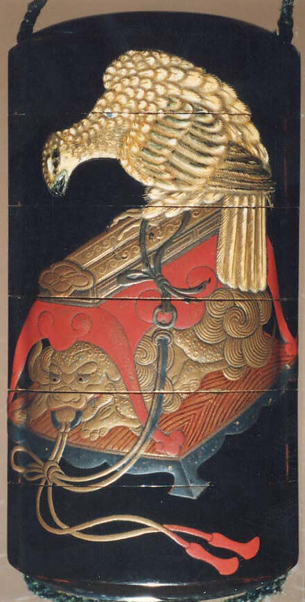 Case (Inrō) with Design of Hawks on Tasseled Perches, Kano Terunobu (1717–63)  , Yusei, Lacquer, roiro, white lacquer, gold and coloured hiramakie; Interior: nashiji and fundame, Japan