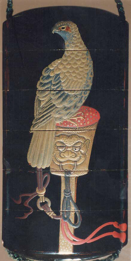 Case (Inrō) with Design of Hawks on Tasseled Perches, Kano Terunobu (1717–63)  , Yusei, Lacquer, roiro, white lacquer, gold and coloured hiramakie; Interior: nashiji and fundame, Japan