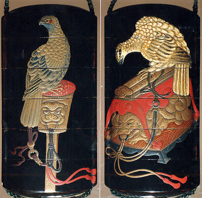 Case (Inrō) with Design of Hawks on Tasseled Perches, Kano Terunobu (1717–63)  , Yusei, Lacquer, roiro, white lacquer, gold and coloured hiramakie; Interior: nashiji and fundame, Japan 