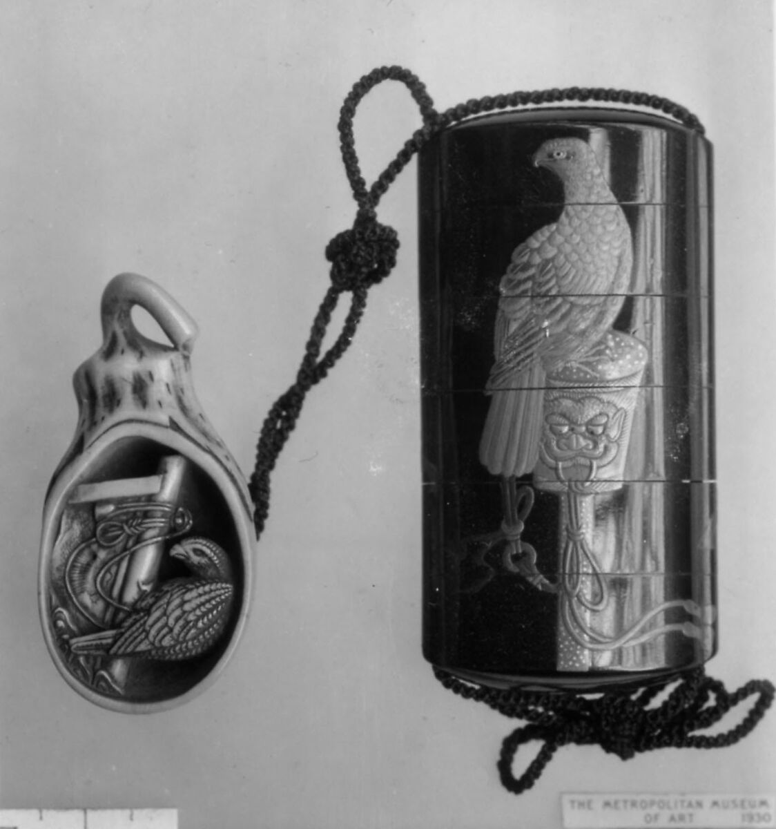 Case (Inrō) with Design of Hawks on Tasseled Perches, Kano Terunobu (1717–63)  , Yusei, Lacquer, roiro, white lacquer, gold and coloured hiramakie; Interior: nashiji and fundame, Japan