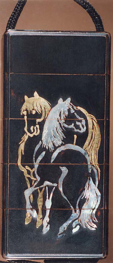 Inrō with Two Standing Horses; Seal and Inscription (reverse), After Kano Naonobu (Japanese, 1607–1650), Four cases; lacquered wood with gold hiramaki-e, gold foil application, and mother-of-pearl inlay on black groundNetsuke: horse; ivory Ojime: iron bead with cricket and flower in gold overlay, Japan