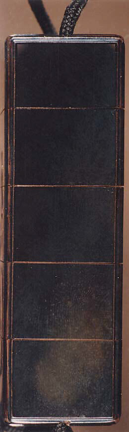 Inrō with Two Standing Horses; Seal and Inscription (reverse), After Kano Naonobu (Japanese, 1607–1650), Four cases; lacquered wood with gold hiramaki-e, gold foil application, and mother-of-pearl inlay on black groundNetsuke: horse; ivory Ojime: iron bead with cricket and flower in gold overlay, Japan