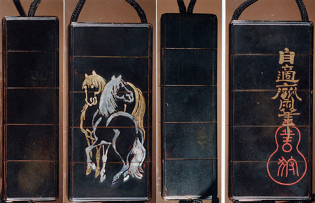 Inrō with Two Standing Horses; Seal and Inscription (reverse), After Kano Naonobu (Japanese, 1607–1650), Four cases; lacquered wood with gold hiramaki-e, gold foil application, and mother-of-pearl inlay on black groundNetsuke: horse; ivory Ojime: iron bead with cricket and flower in gold overlay, Japan