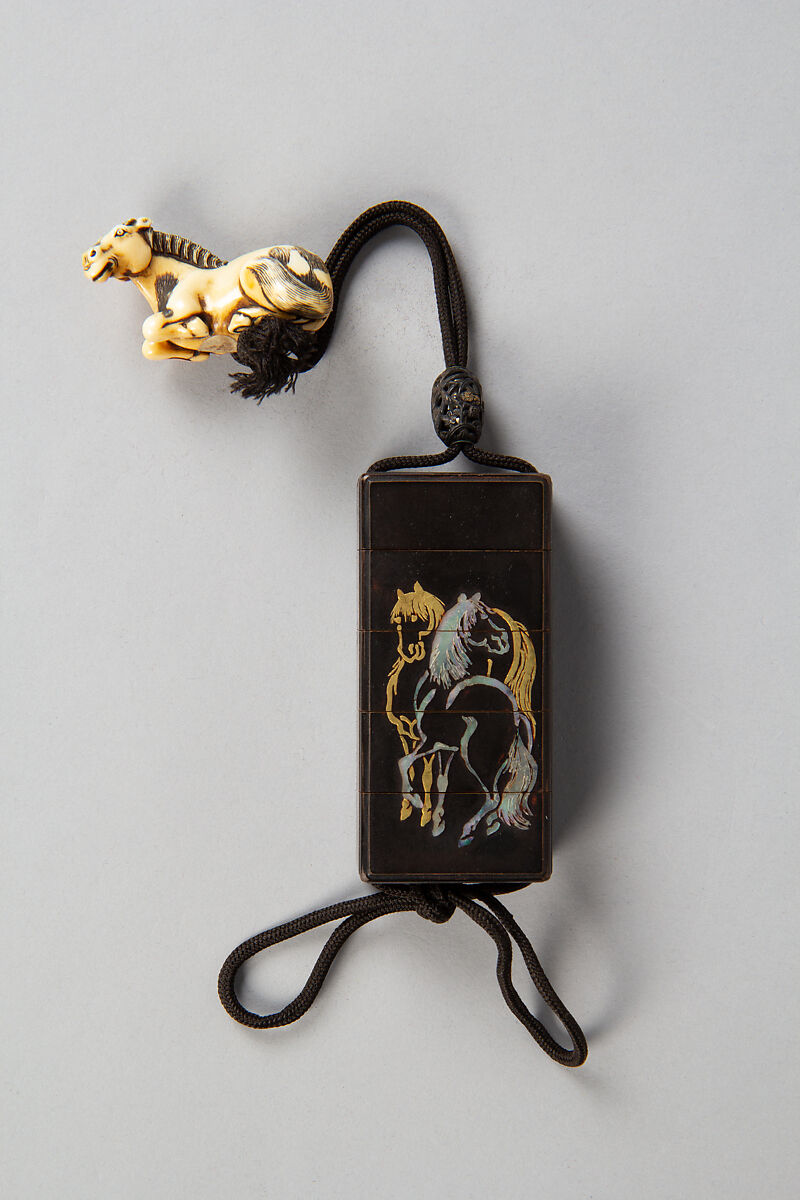 Inrō with Two Standing Horses; Seal and Inscription (reverse), After Kano Naonobu (Japanese, 1607–1650), Four cases; lacquered wood with gold hiramaki-e, gold foil application, and mother-of-pearl inlay on black groundNetsuke: horse; ivory Ojime: iron bead with cricket and flower in gold overlay, Japan