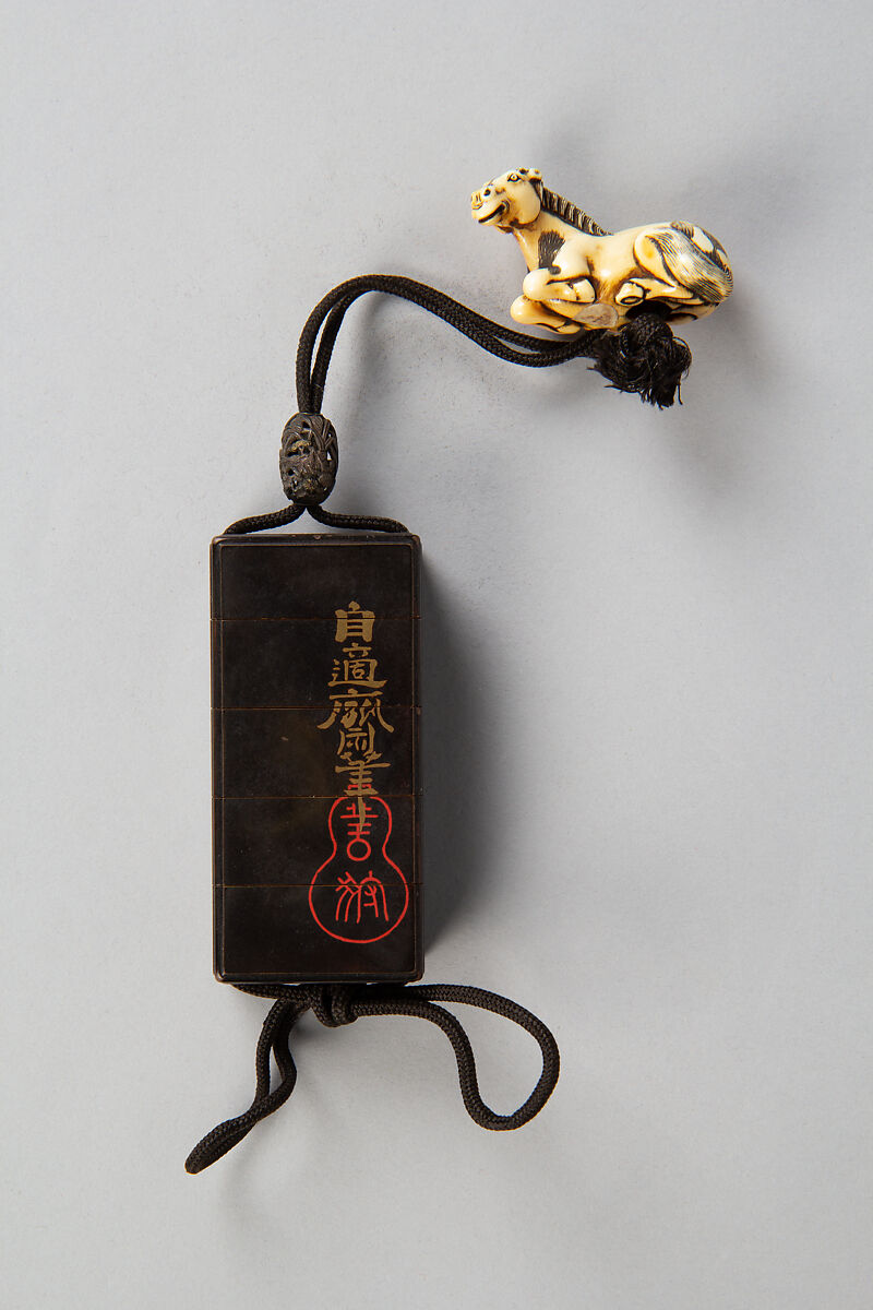 Inrō with Two Standing Horses; Seal and Inscription (reverse), After Kano Naonobu (Japanese, 1607–1650), Four cases; lacquered wood with gold hiramaki-e, gold foil application, and mother-of-pearl inlay on black groundNetsuke: horse; ivory Ojime: iron bead with cricket and flower in gold overlay, Japan 