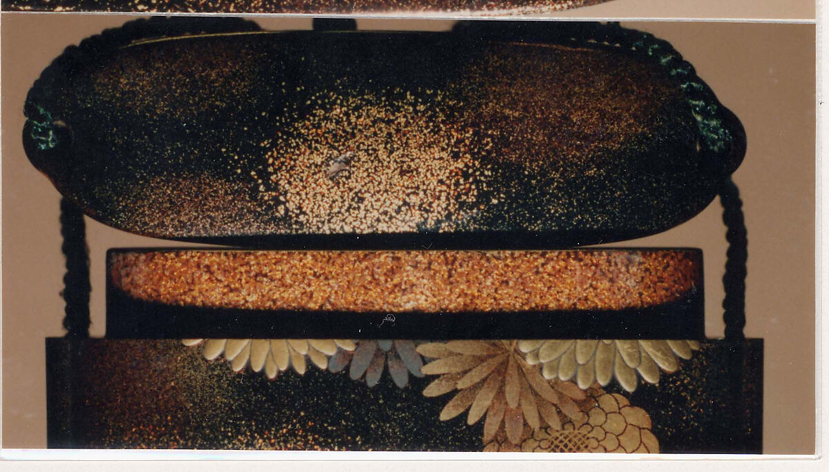 Inrō with Scattered Chrysanthemums, Four cases; lacquered wood with gold, silver hiramaki-e, togidashimaki-e, red lacquer, muranashiji on black lacquer ground; Netsuke: ivory and metal, kagamibuta type; crossing boat; Ojime: metal bead, Japan