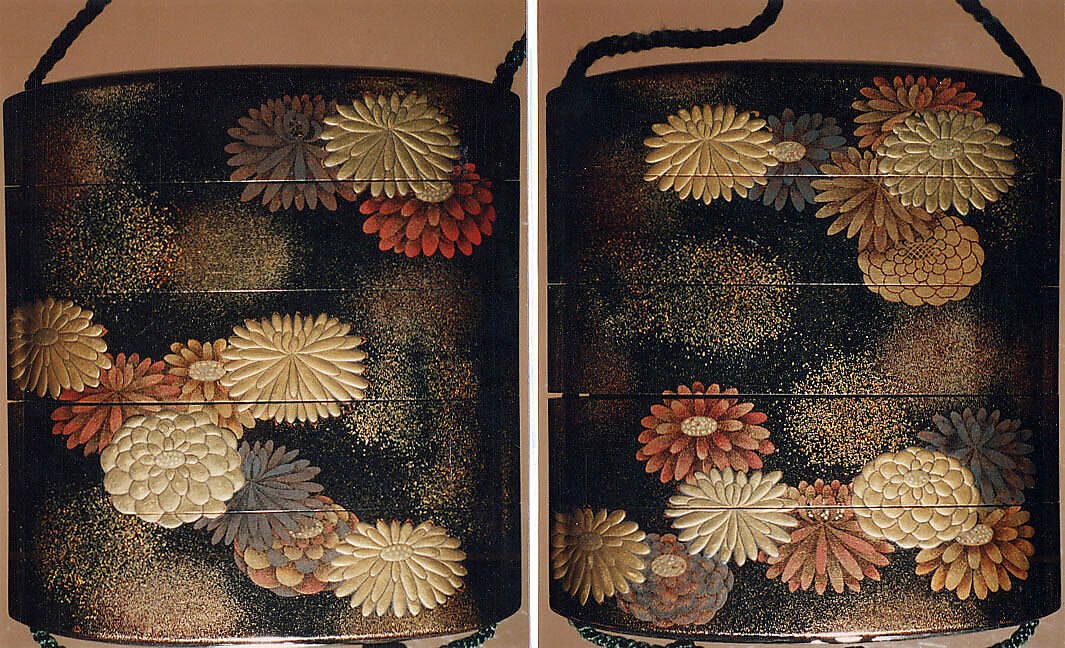 Inrō with Scattered Chrysanthemums, Four cases; lacquered wood with gold, silver hiramaki-e, togidashimaki-e, red lacquer, muranashiji on black lacquer ground; Netsuke: ivory and metal, kagamibuta type; crossing boat; Ojime: metal bead, Japan 