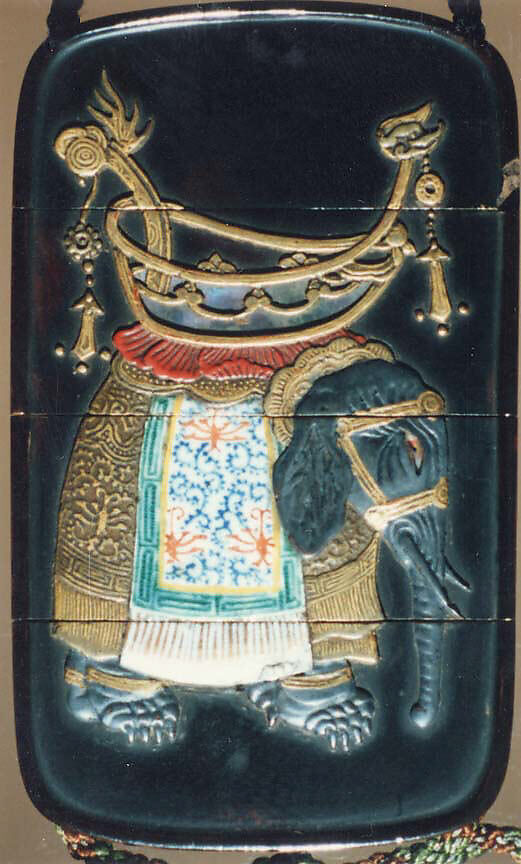 Case (Inrō) with Design of Caparisoned Elephant (obverse); Characters in Panel (reverse), Fangshi Mopu, Lacquer, roiro, black, gold, red hiramakie, takamakie, ceramic inlay; Interior: roiro and fundame, Japan