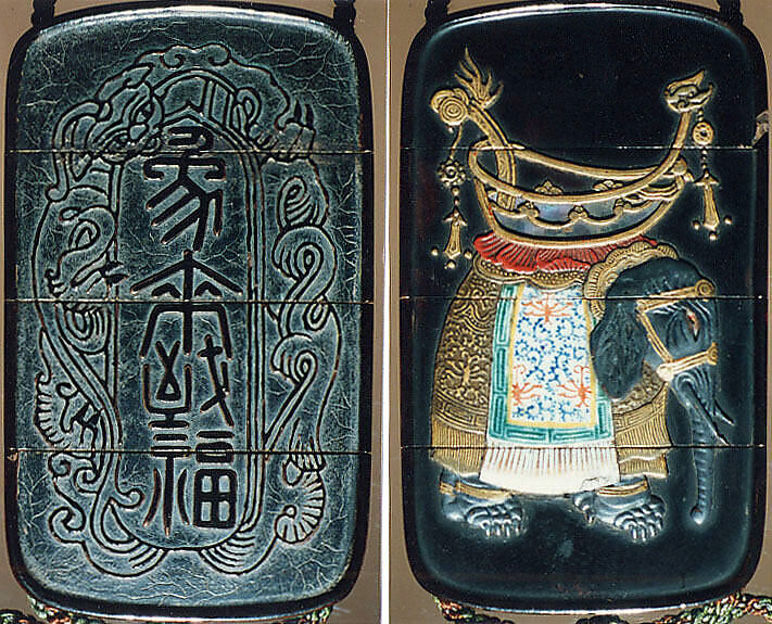Case (Inrō) with Design of Caparisoned Elephant (obverse); Characters in Panel (reverse), Fangshi Mopu, Lacquer, roiro, black, gold, red hiramakie, takamakie, ceramic inlay; Interior: roiro and fundame, Japan 