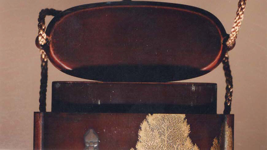 Case (Inrō) with Design of Stone Lanterns beside Cryptomeria Trees, Lacquer, dark brown, gold and silver hiramakie, aogai; Interior: roiro and fundame, Japan