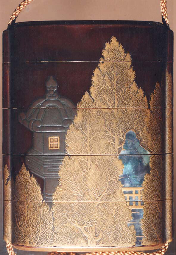 Case (Inrō) with Design of Stone Lanterns beside Cryptomeria Trees, Lacquer, dark brown, gold and silver hiramakie, aogai; Interior: roiro and fundame, Japan