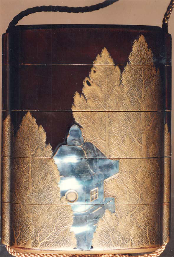 Case (Inrō) with Design of Stone Lanterns beside Cryptomeria Trees, Lacquer, dark brown, gold and silver hiramakie, aogai; Interior: roiro and fundame, Japan