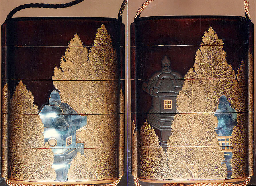 Case (Inrō) with Design of Stone Lanterns beside Cryptomeria Trees, Lacquer, dark brown, gold and silver hiramakie, aogai; Interior: roiro and fundame, Japan 