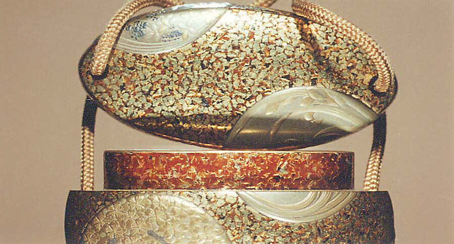 Inrō with Flower Roundels, Six cases; lacquered wood with gold, silver hiramaki-e, togidashimaki-e, gold foil application on gyōbu nashiji  lacquer ground; Netsuke: lacquer and metal kagamibuta type; incised flowers; Ojime: metal bead with flowers and grasses, Japan