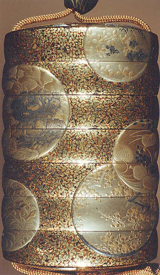 Inrō with Flower Roundels, Six cases; lacquered wood with gold, silver hiramaki-e, togidashimaki-e, gold foil application on gyōbu nashiji  lacquer ground; Netsuke: lacquer and metal kagamibuta type; incised flowers; Ojime: metal bead with flowers and grasses, Japan