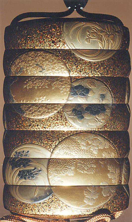 Inrō with Flower Roundels, Six cases; lacquered wood with gold, silver hiramaki-e, togidashimaki-e, gold foil application on gyōbu nashiji  lacquer ground; Netsuke: lacquer and metal kagamibuta type; incised flowers; Ojime: metal bead with flowers and grasses, Japan