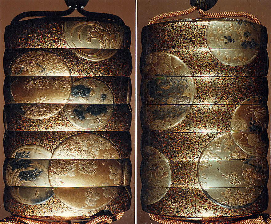Inrō with Flower Roundels, Six cases; lacquered wood with gold, silver hiramaki-e, togidashimaki-e, gold foil application on gyōbu nashiji  lacquer ground; Netsuke: lacquer and metal kagamibuta type; incised flowers; Ojime: metal bead with flowers and grasses, Japan 