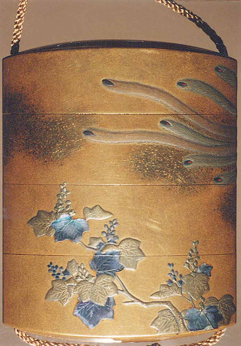 Case (Inrō) with Pheonix and Paulownia Tree, Gold lacquer with gold and colored makie and mother-of-pearl, Japan