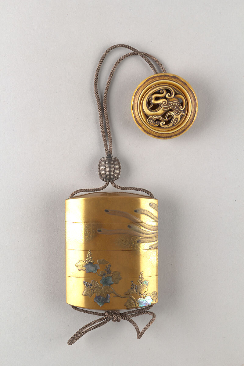 Case (Inrō) with Pheonix and Paulownia Tree, Gold lacquer with gold and colored makie and mother-of-pearl, Japan 