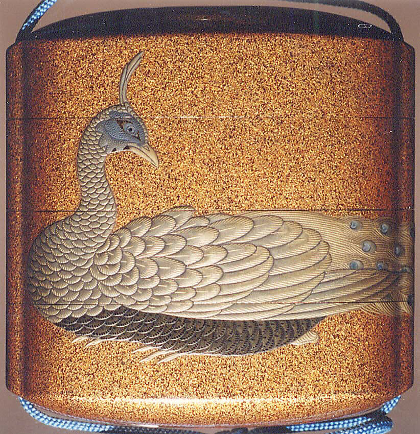 Inrō with Peacock, Nashiji ground with gold and silver takamaki-e, hiramaki-e, and mother-of-pearl inlayNetsuke: hunter struggling with bear; carved ivoryOjime: carnelian bead, Japan